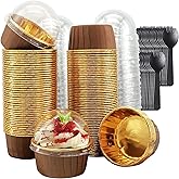 Foil Cupcake Liners With Dome Lids 100 Pack,LNYZQUS 5.5 Oz Muffin Cups Muffin Tins,Disposable Ramekins Cupcake Cups Wrappers Holders,Large Muffin Liners Baking Cups,with Spoons-Brown in Gold