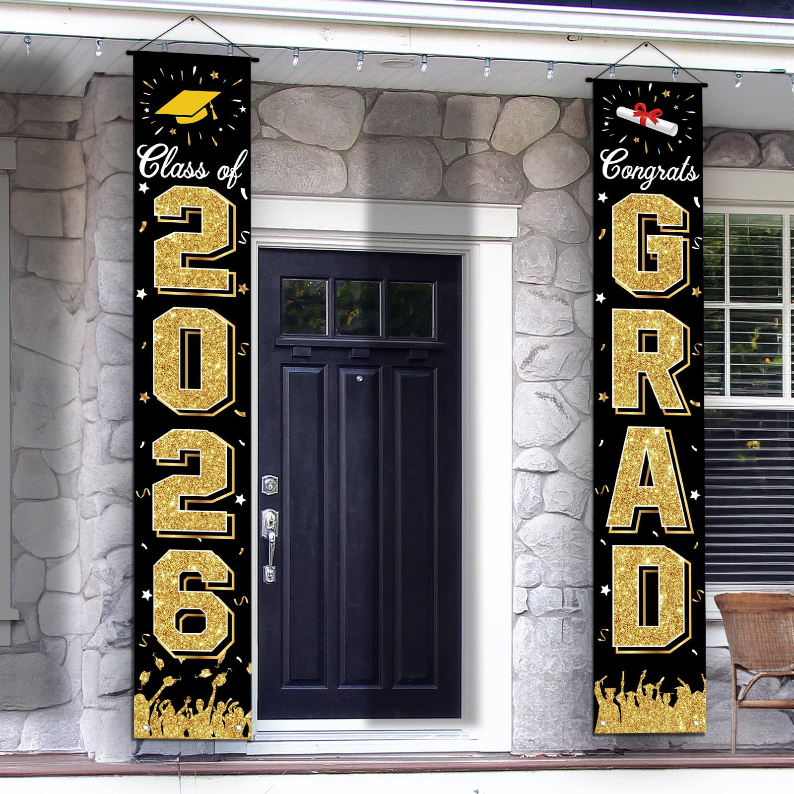 2026 Graduation Decorations, Graduation Banner Class of 2026, Hanging Congratulations/Congrats Grad Banner for Door and Porch, Party Decor - Black