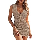 FAIRY SEASON Swimsuit Coverup for Women Crochet Swim Cover Ups Mesh Knit Hollow Out Front Tie Sleeveless Beach Dress