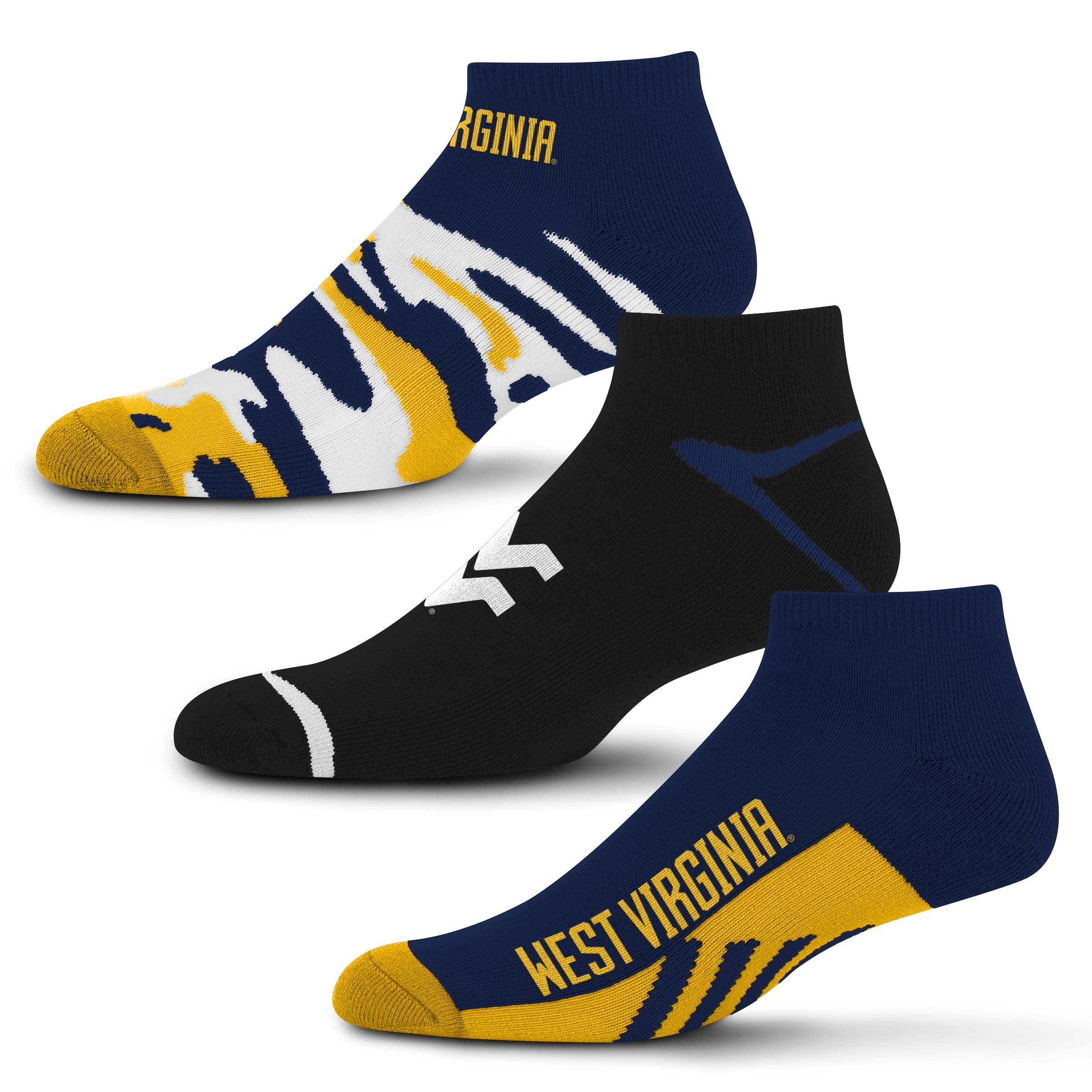 For Bare Feet NCAA West Virginia Mountaineers CAMO BOOM 3 Pack Ankle Sock Team Colors Medium Image