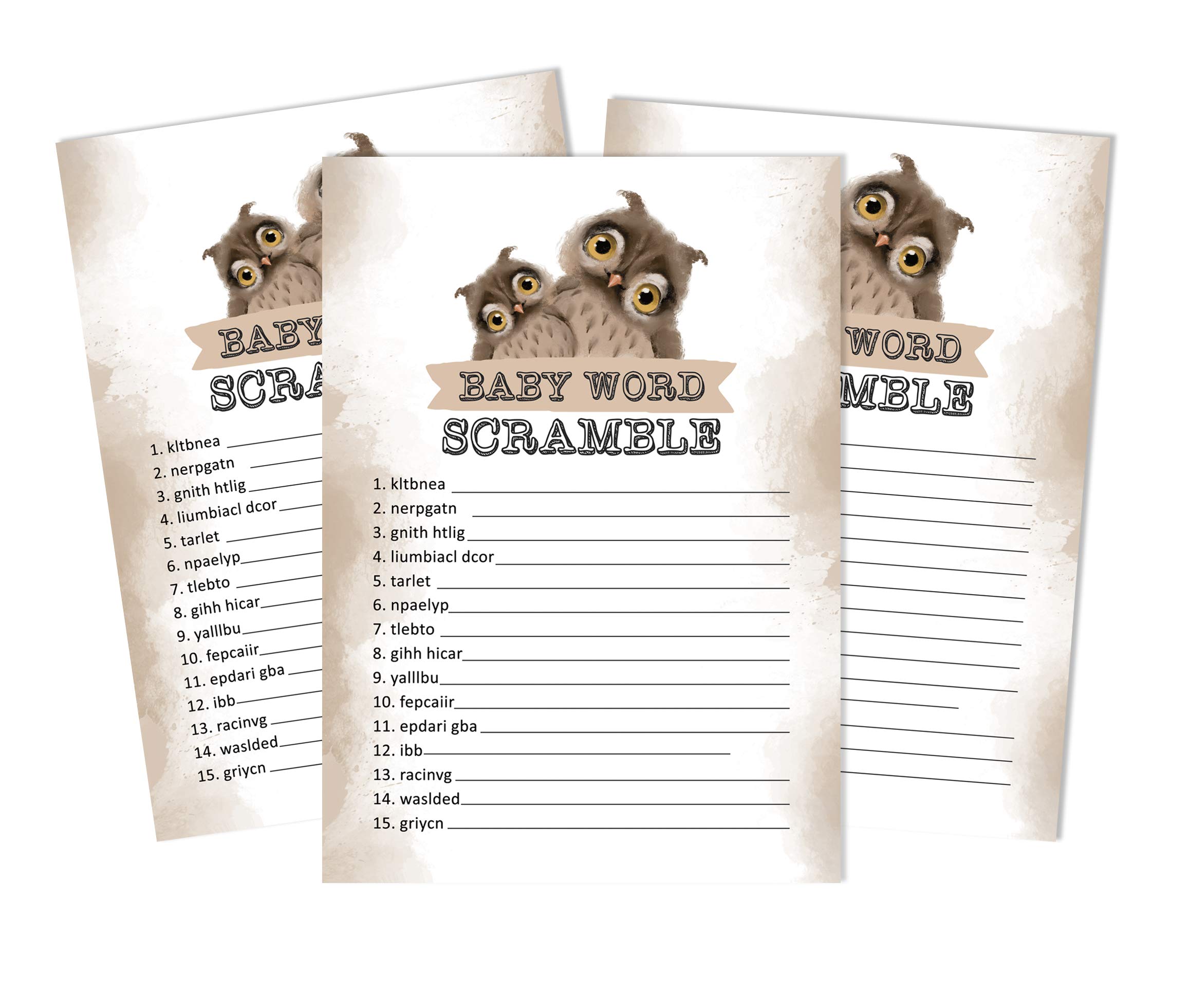 Inkdotpot 50 Pack Baby Word Scramble Baby Shower Game Cards Owl Bird Party Supplies Fun Baby Shower Game Favors