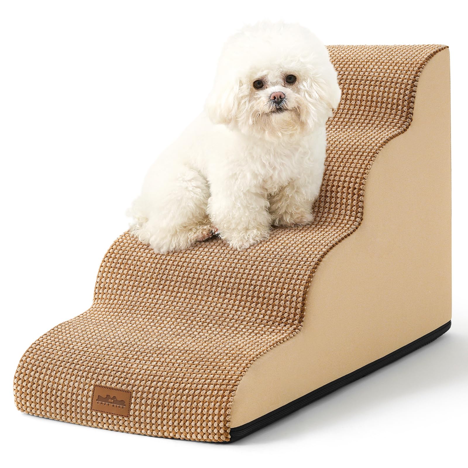 Photo 1 of COZY KISS Dog Stairs for Small Dogs 19.7" H, Curved Dog Step for Puppy, Older or Cat, Medium Pet Ramp for Sofa, Couch or Bed, Ladder with High Density Foam, 15.7x28.3x19.7 inch, 4 Step, Light Brown