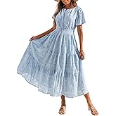 Benfoly Summer Flowy Maxi Dresses for Women 2026 Spring Vacation Eyelet Lace Short Sleeve Wedding Guest Casual Boho Dresses