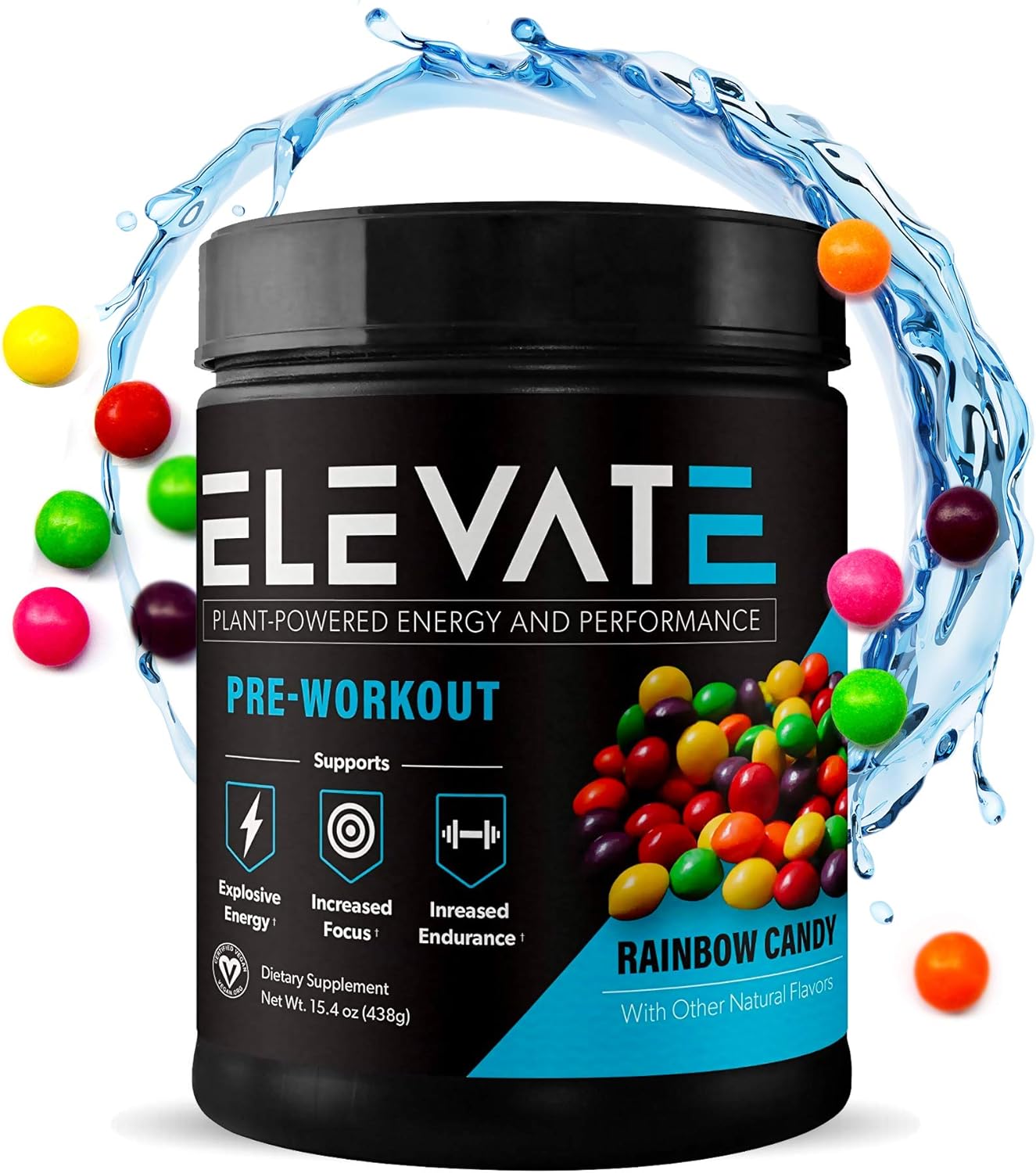 Plant Based Vegan Pre Workout Energy Booster, Keto Friendly Pre Workout for Men and Women, Non GMO, NO Dairy and Low Sugar, 30 Servings (Rainbow Candy) - Elevate Nutrition