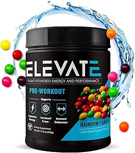 Plant Based Vegan Pre Workout Energy Booster, Keto Friendly Pre Workout for Men and Women, Non GMO, NO Dairy and Low Sugar, 30 Servings (Rainbow Candy) - Elevate Nutrition