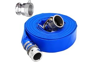 D-WEIXIN 2" ID x 50 ft PVC Lay Flat Discharge Hose with Aluminum Camlock C and E Fittings, Cam Lock Fitting Type A included, Heavy Duty Reinforced Blue Backwash Pump Hoses for Swimming Drain Pools