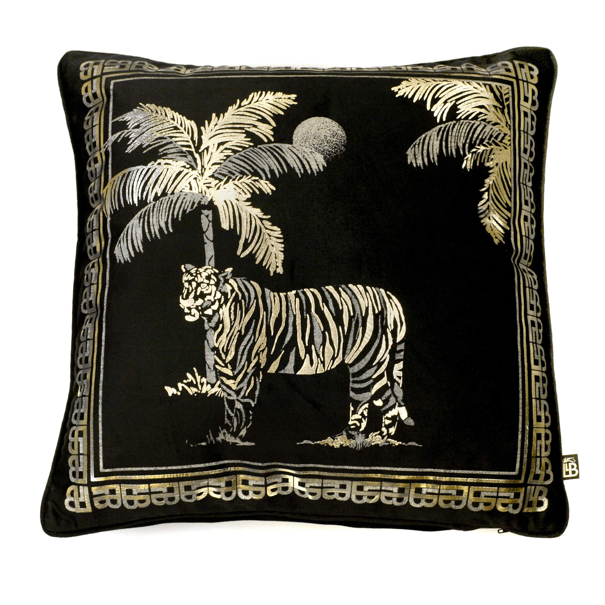 Laurence Llewelyn-Bowen - Black & Gold Jungle Tiger Velvet Cushion - 43 x 43cm - Filling/Padding Included - Black Velvet Cushion with Gold Metallic Printing - Tiger Collection