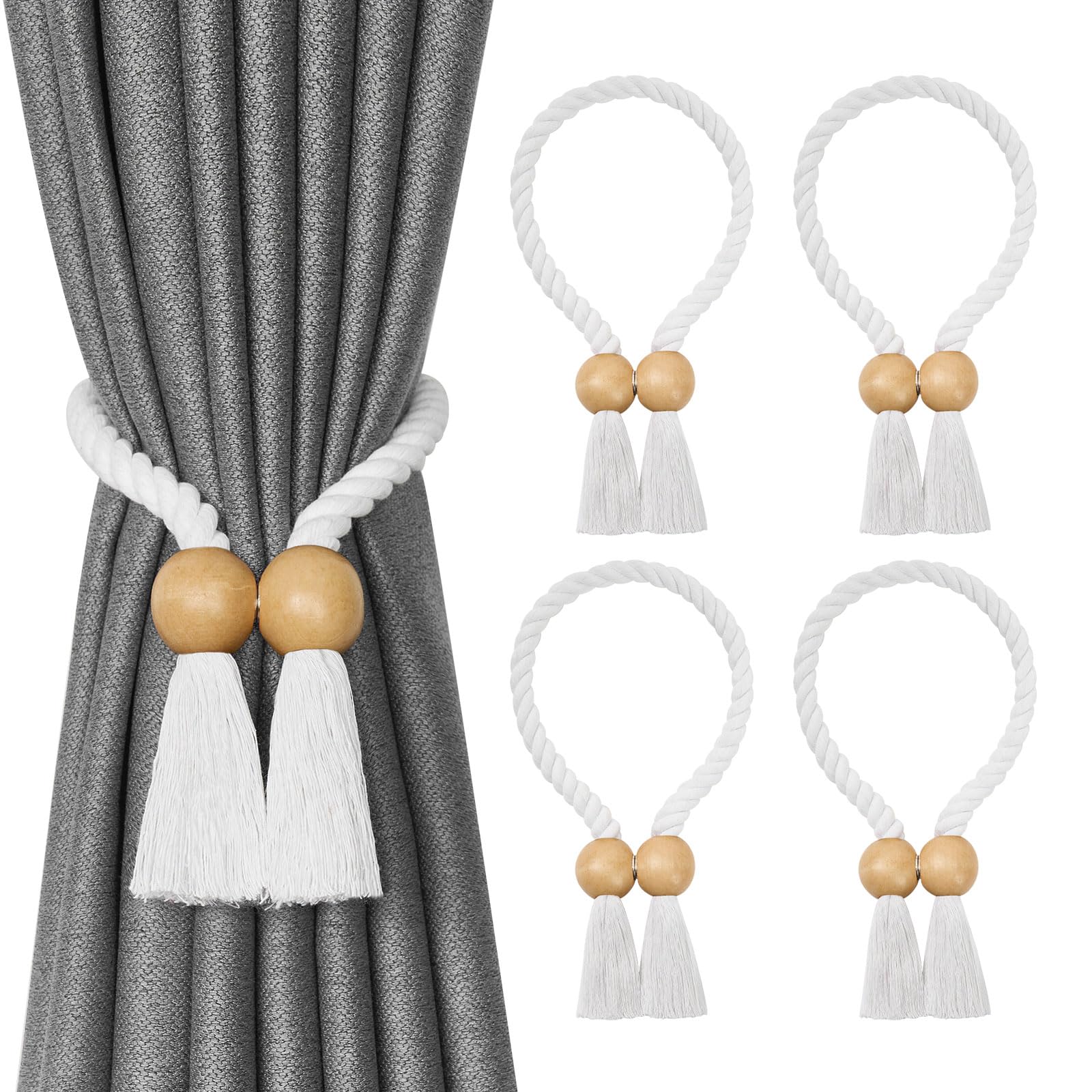 Pretty Jolly 4 Pack Wooden Ball Magnetic Curtain Tiebacks Boho Home Decor Drape Tie Backs Natural Cotton Hand Woven Rope Curtain Holdbacks for Thin & Thick Home & Office Window Draperies (A-White)
