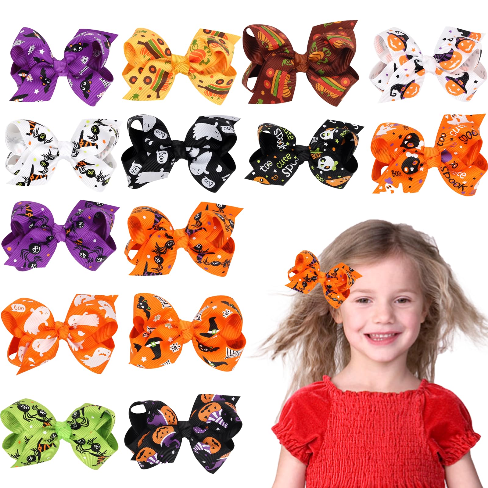 WTUGJEP 14 Pieces Halloween Bow Hair Pins, Halloween Hair Bows Clip, Halloween Barrette Accessories for Girls, Pumpkin Bat Pattern Boutique Clip, for Girls Halloween Party