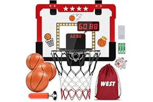 KROYEDFUW Indoor Basketball Hoop for Kids, Mini Basketball Hoop with Double Electronic Scoreboard and LED Light, Over The Door Basketball Gifts Toys for 5 6 7 8 9 10 11 12 Year Old Boys (West Red)