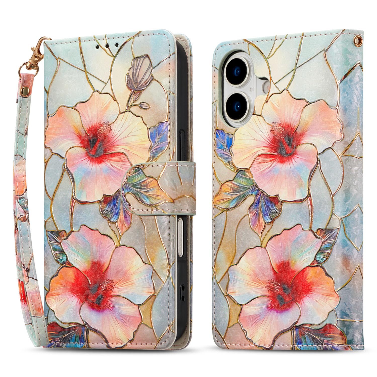 QLTYPRI for iPhone 17 Wallet Case, Premium Leather Magnetic UV-Printed Artwork Flip Case with RFID Blocking Card Slots Kickstand Protective Phone Cover for Women Girls - Vibrant Hibiscus