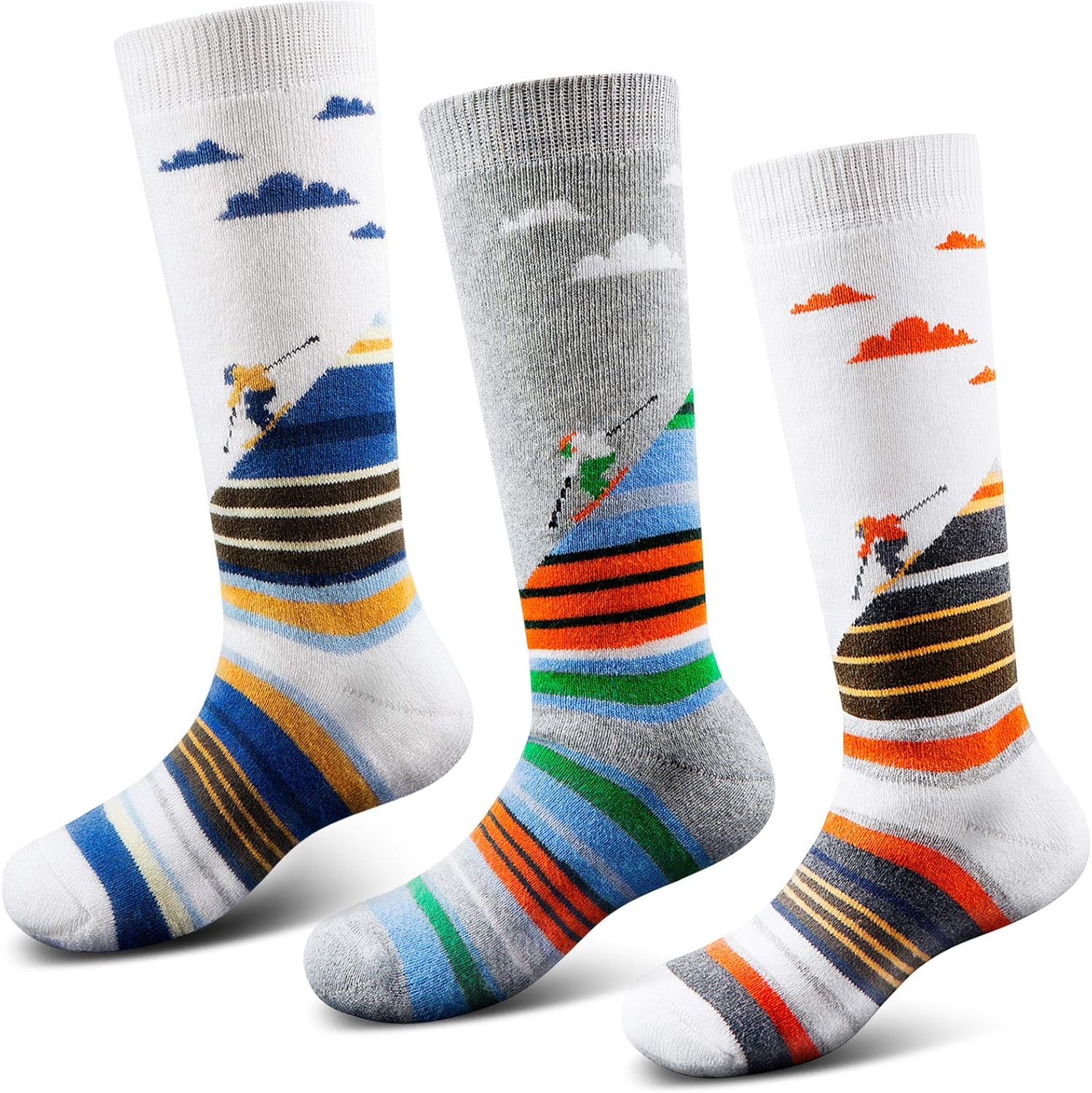 Ski Socks Kids Winter Warm Thermal Snow Socks, Skiing Snowboarding Skating for Toddler Boys and Girls (2 Pairs or 3 Pairs)(3 Pack ( Orange&gray&blue ), Medium(10-13)): Clothing