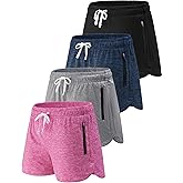 4 Pack Youth Girls Athletic Shorts 3", Girls Soccer Shorts, Kids Workout Gym Clothes Activewear Apparel with Zipper Pockets