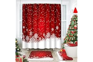 ArtSocket Merry Christmas Bathroom Set with Shower Curtain and Rugs Accessories, Snowflake Red Xmas Frost Shower Curtain, Winter Bathroom Decor 4 Pcs