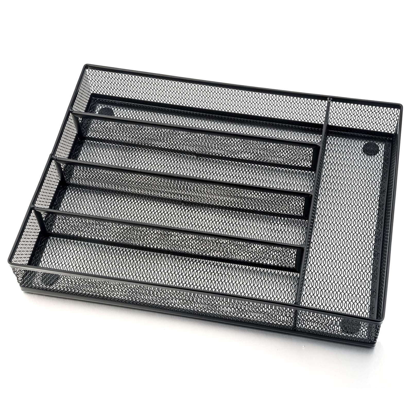 HaWare Cutlery Tray, Cutlery Organizer with Non-Silp 5 Compartments, Utensil Drawer Storage for Kitchen/office, Steel Mesh Silverware Drawer/Holder/Divider, 31.8x23.7x5cm, Rust-Free, Black