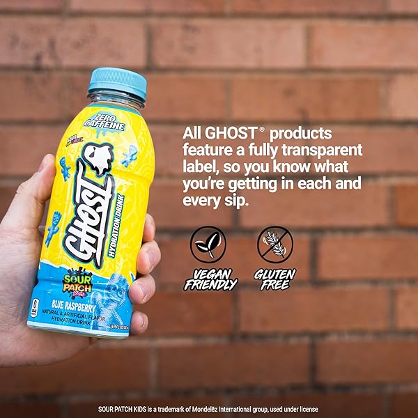 GHOST HYDRATION DRINK, SOUR PATCH KIDS BLUE RASPBERRY – RTD SPORTS DRINKS WITH ELECTROLYTES FOR HYDRATION – BEVERAGE FOR ATHLETES – ZERO CAFFEINE & ZERO SUGARS – 16.9 FL OZ, 12 PACK