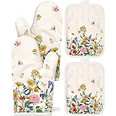 Miss Adola Cotton Oven Mitts and Pot Holders Sets - Quilted Lining Heat Resistant 4 Pieces Set with Hanging Loop Cute Farmhouse Boho Spring Kitchen Decor and Accessories, Retro Flower