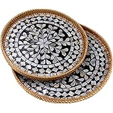 Round Rattan Serving Tray with Mother of Pearl Inlay, Set of 2 Wicker Handwoven Coffee Table Boho Decor Tray Basket for Bread Fruit Food Kitchen Home Office (Geometry Black)