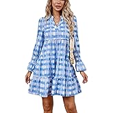 LADYFUL Womens Printed Mini Dress Long Sleeve V Neck Tiered Flowy Swing Summer Vacation Beach Short Tunic Dress