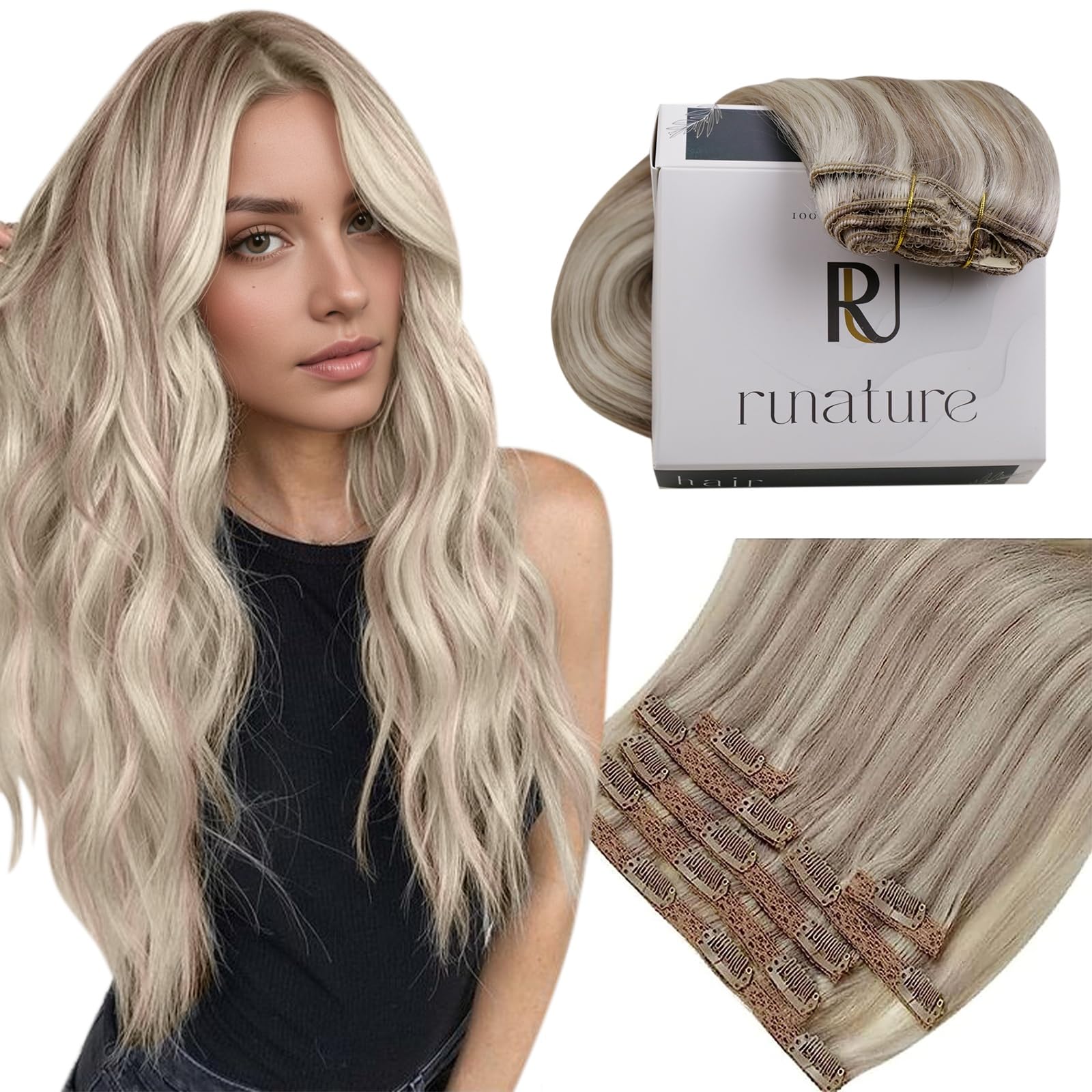 RUNATURE Hair Extensions Clip in Real Hair Blonde Clip in Hair Extensions Real Human Hair 22 Inch Highlight Grey Blonde Clip in Hair Extension 120 Gram 7pcs #19AP60 — image 1