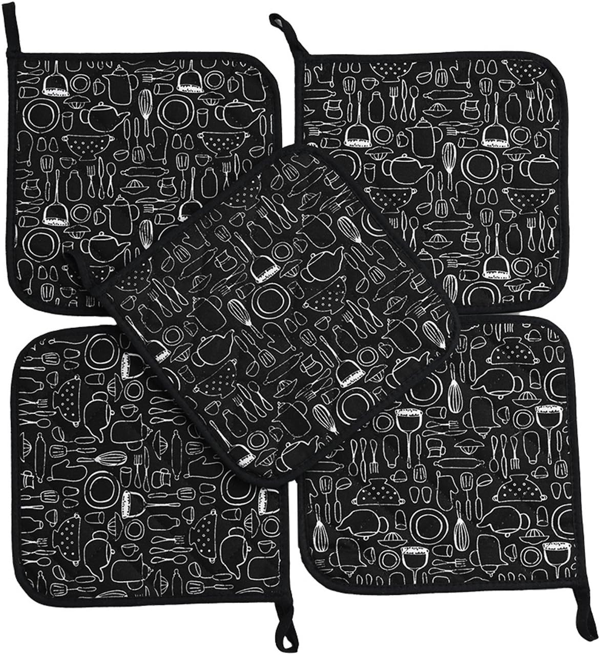 Jennice House Potholders Trivets Kitchen Heat Resistant Cotton Coasters Hot Pads Pot Holders Set of 5 for Everyday Cooking and Baking by 8 x 8Inch (Black): Home & Kitchen