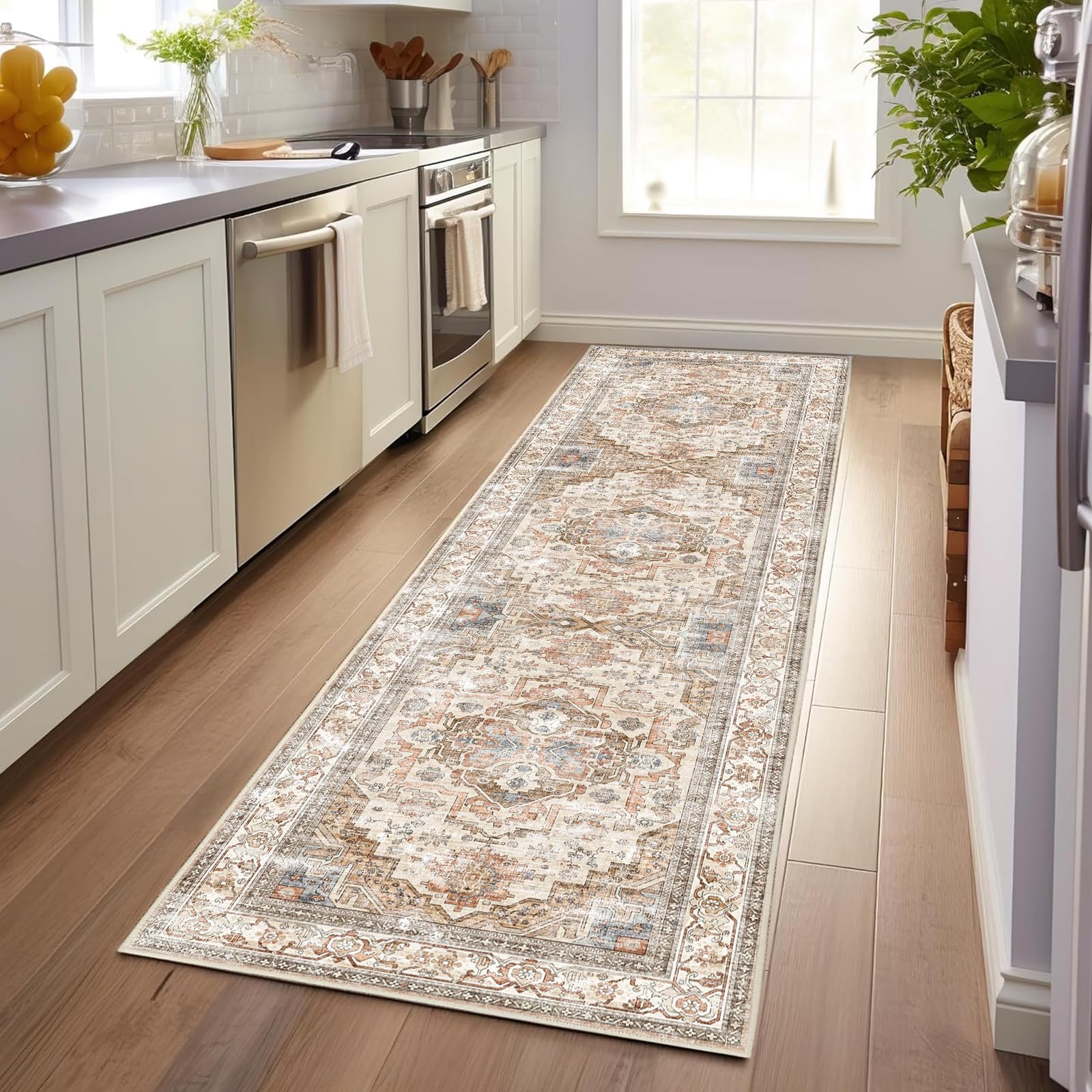 Photo 1 of Enkor Runner Rugs for Hallway, 2.6x8 Washable Soft Non Slip Floor Rugs for Kitchen, Modern Mat for Living Room Bedroom Entryway Beige & Brown