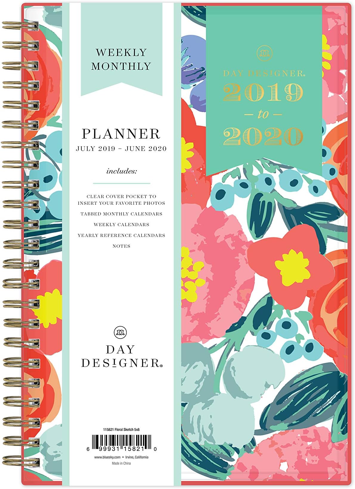 Day Designer for Blue Sky 2019-2020 Academic Year Weekly & Monthly Planner, Flexible Cover, Twin-Wire Binding, 5" x 8", Floral Sketch