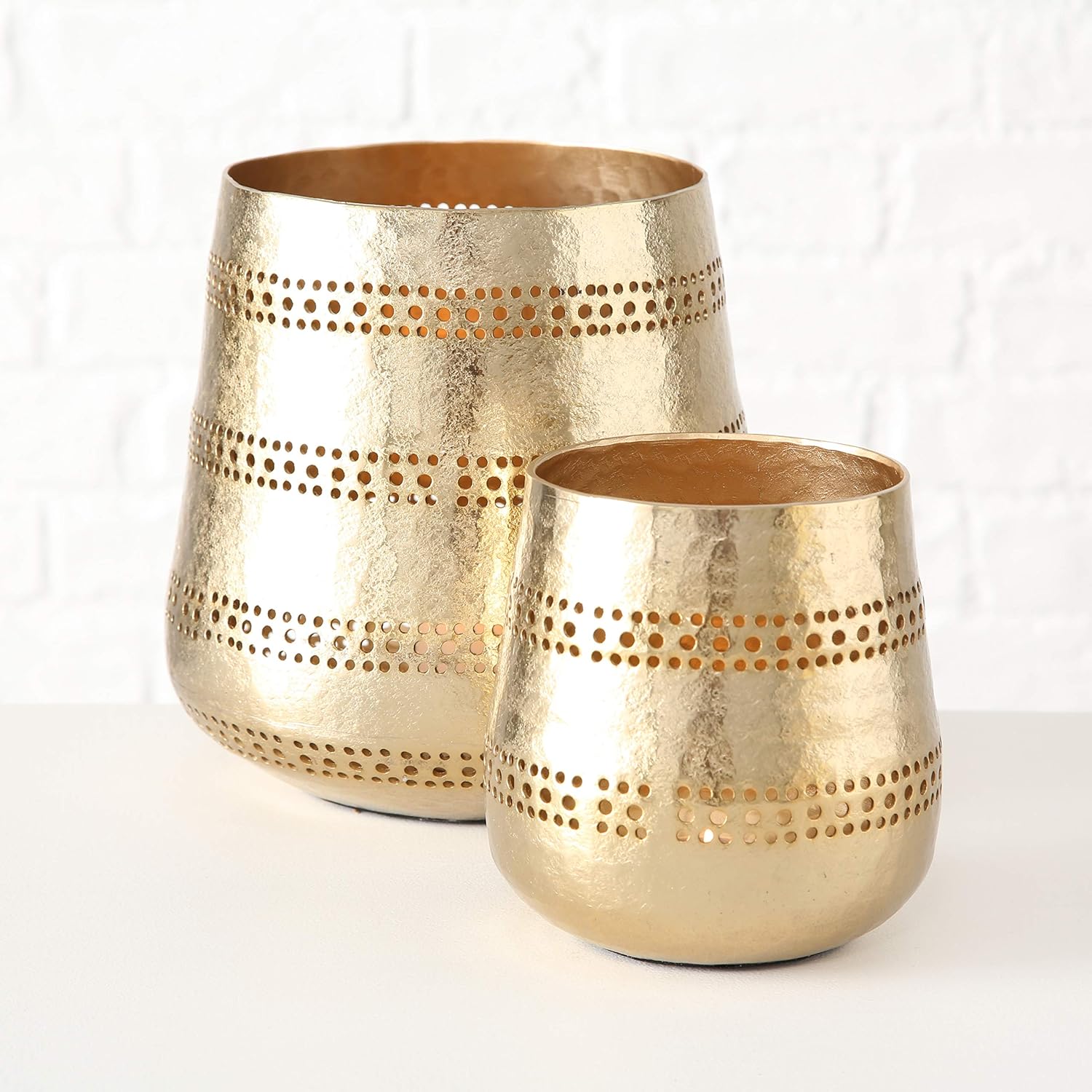Golden Gilt Metal Votive Candle Holders, Chubby Belly Hurricanes, Set of 2, Textured Surface, 7.5 Diameter x 7.5 Tall, and 5 Diameter x 5 Tall Inches: Kitchen & Dining