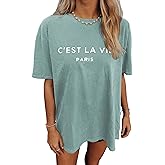 CSDAJIO Women's Casual Short Sleeve Loose Shirt Oversized T-Shirt Trendy Going Out Crew Neck Summer Graphic Tees
