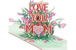 POPWOW Love You Mom Pop Up Card, Flower, Heart Shaped Symbol, Gift For Birthday, Mothers Day, Anniversary, Valentines Day, Mom, Godmother, Mother in Law, 5x7 - Includes Envelope And Message Note