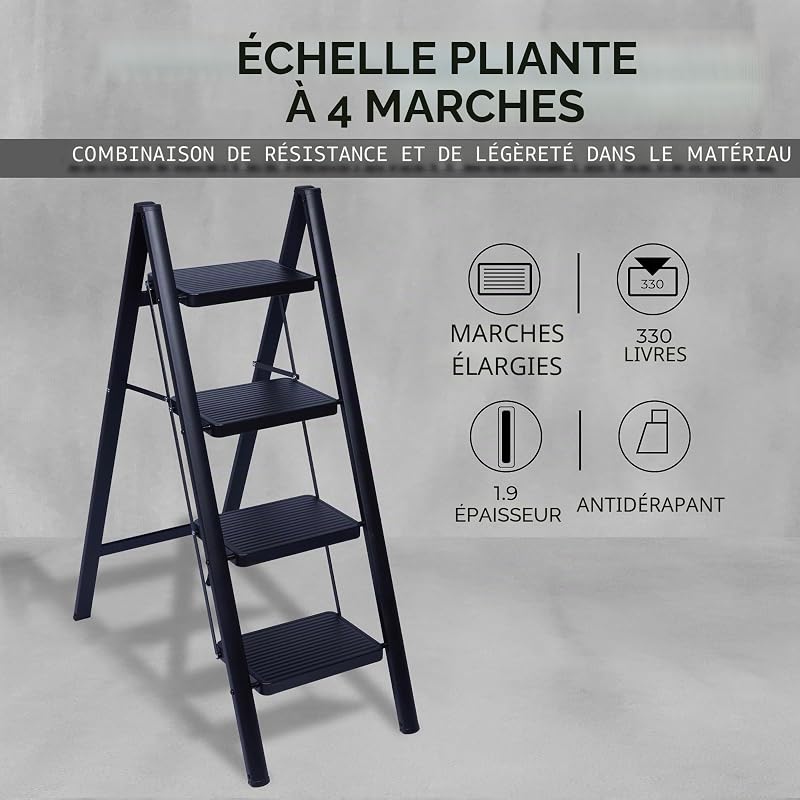 Escabeau Pliable 4 Marches, Échelle de Sécurité avec Pieds Antidérapants, Tabouret de Step Idéal pour Maison, Cuisine, Bureau, Ladders Design Compact et Durable (Noir, 4 Marches)