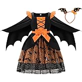 ReliBeauty Bat Costume for Girls with Wings,Bat Headbands Halloween Costume Dress Up,Black & Orange