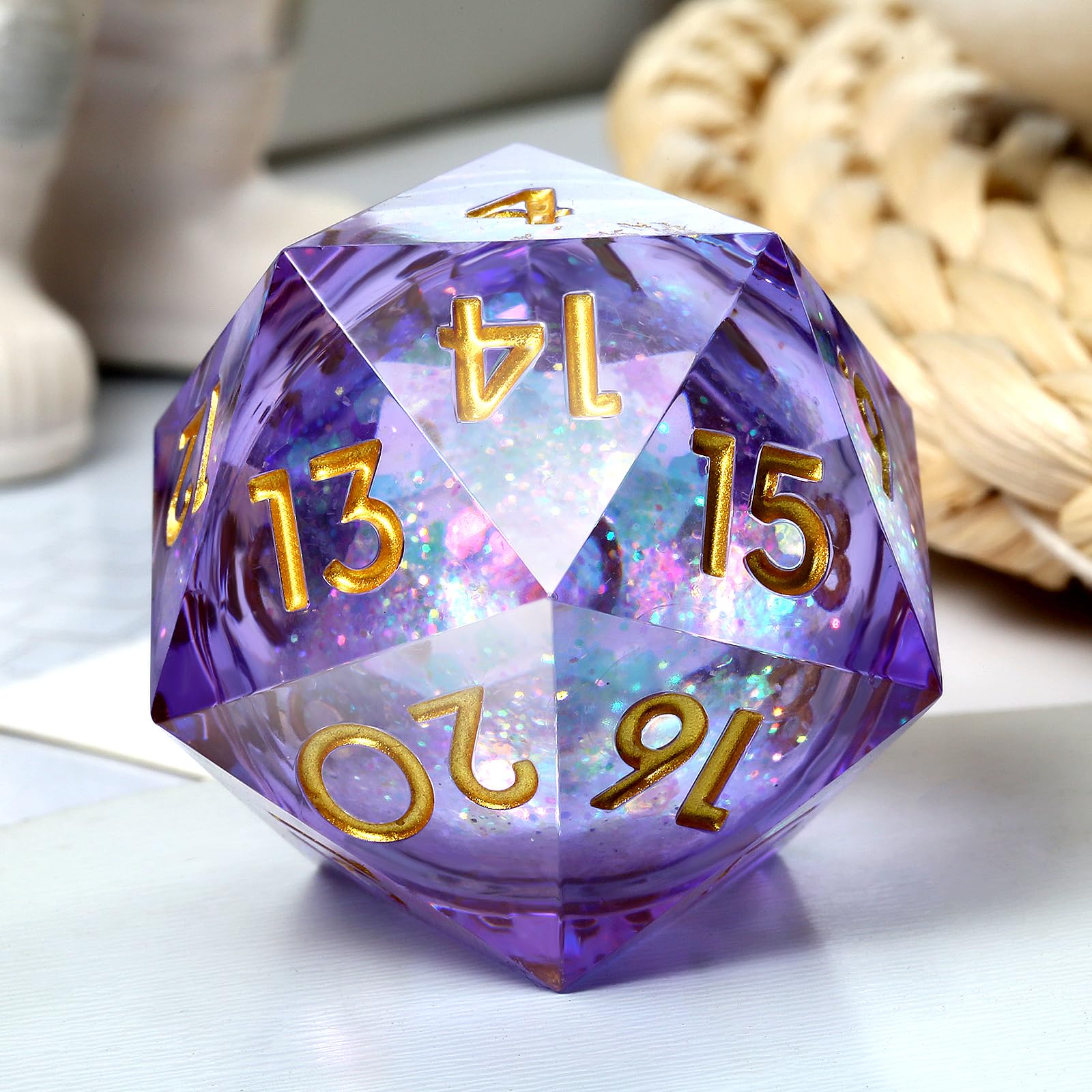 Liquid Dice D20 33mm,DNDND Glitter and Paillette Liquid 20 Sided Spindown Dice with Gorgeous Gift Box for Dungeons and Dragons (Lilac)…