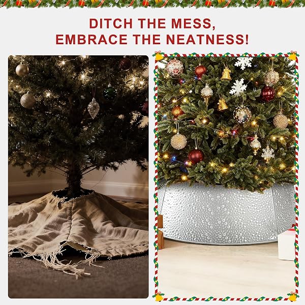 SWEETCRISPY 26INCH METAL CHRISTMAS TREE COLLAR, 4-PANEL BASE COVER FOR 7.5FT ARTIFICIAL TREES, SLIVER