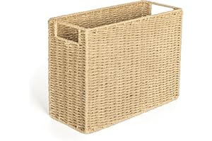 AELS Woven Natural Fibre Magazine Holder, Magazine Rack Floor, Hand-woven Magazine Organizer, Natural Paper Rope Magazine Basket with Handles, Boho Modern Farmhouse Book Basket, Newspaper Holder
