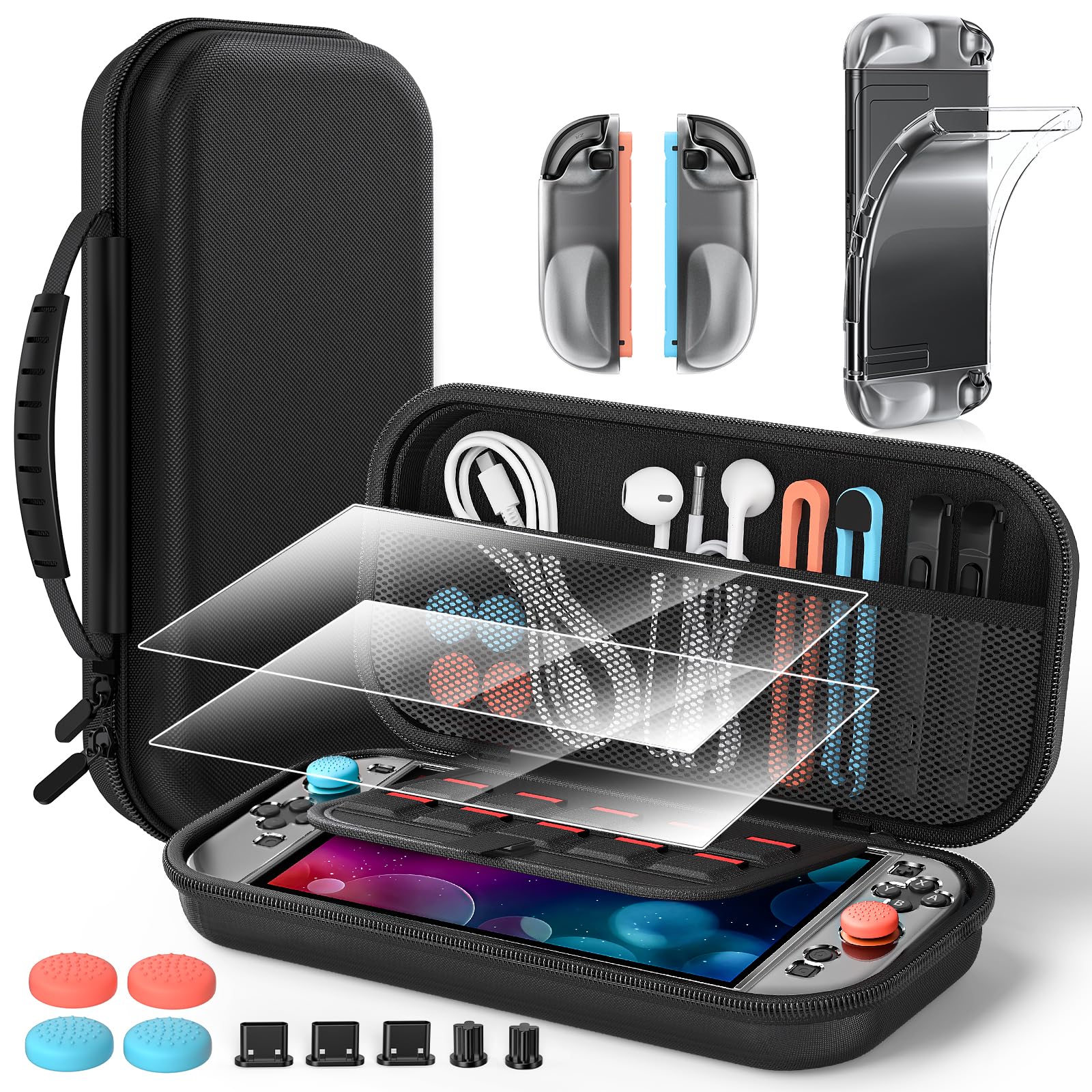 Accessories for Nintendo Switch 2 2025, Portable Hard Shell Carrying Case with 2 HD Screen Protectors (7.9 Inch), TPU Protective Skin, Dust Plugs Kit, 4 Thumb Grips – Switch 2 Accessories Bundle (Switch 2 Pur Balck)