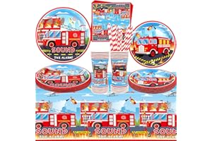 Firetruck Party Supplies - Fire Truck Party Tableware - Dinner Plates Desserts Plates Cups Napkins Tablecover Straws for Truc