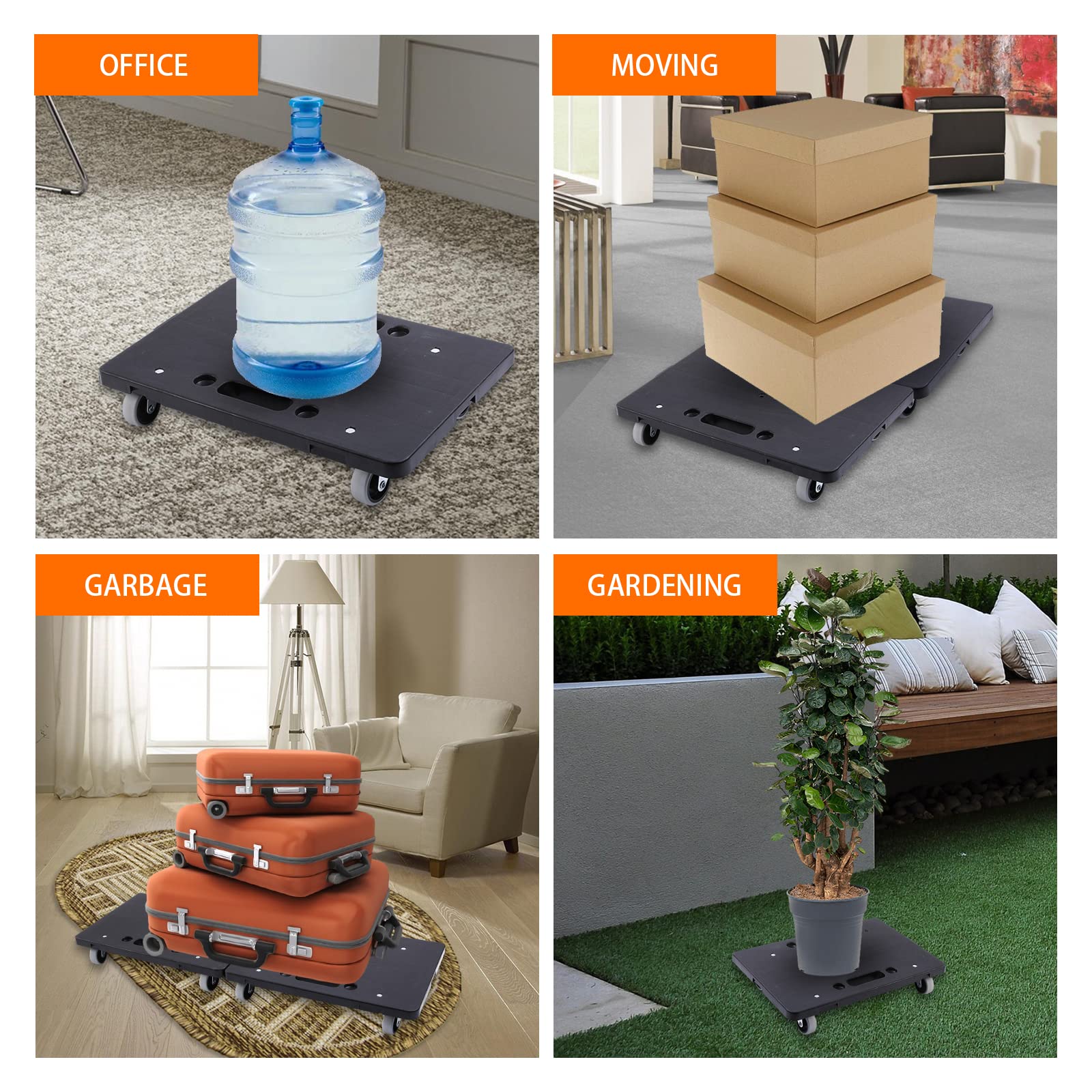 Furniture Dolly,Moving Dolly 4 Wheels Heavy Duty,16in-11in 500lbs Capacity,Furniture Movers Dollys with Wheels,Small Flat Cart with 2 Ropes, 2 Pack, Black (Black)