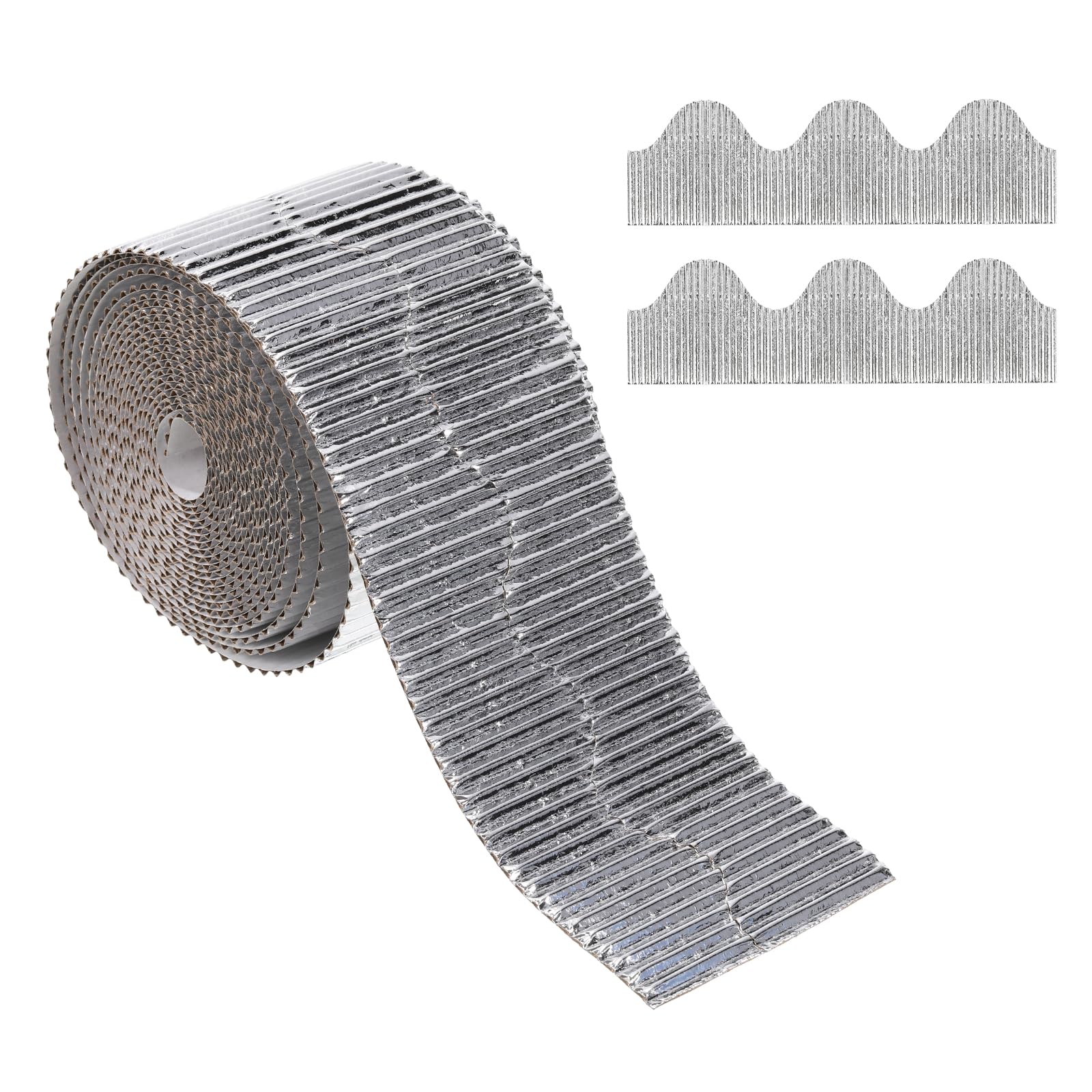 PATIKIL 3.9inch x 49.2ft Bulletin Board Border, Scalloped Trim Paper Corrugated Paper for Locker Classroom Decor Black White Cork Poster Boards, Silver