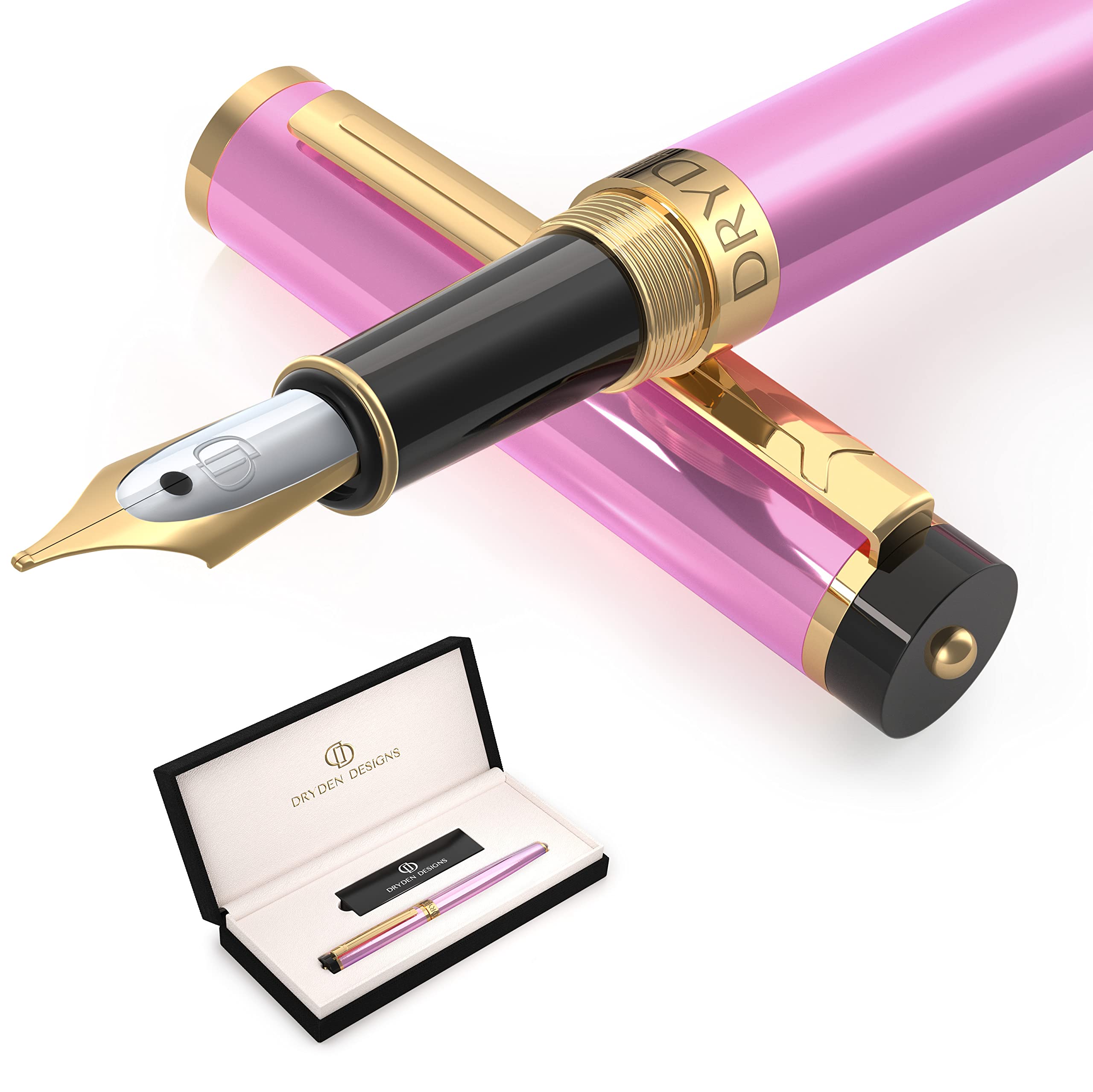Dryden Designs Fountain Pen - Medium Nib Premium Box | 6 Ink Cartridges Included | Luscious Pink