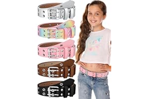 NEWCOTTE 5 Pcs Girls Belts with Holes Kids PU Double Grommet Leather Waist Belts Kids for 6-12 Year Girl Boy Jeans Pants