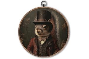 Hxlac Victorian Squirrel Round Wall Art Framed, Vintage Victorian Style Animal Round Wall Decor, Autumn Squirrel Hanging Canvas Prints Wall Sculptures for Farmhouse Home Room Decor, 10x10 Inch