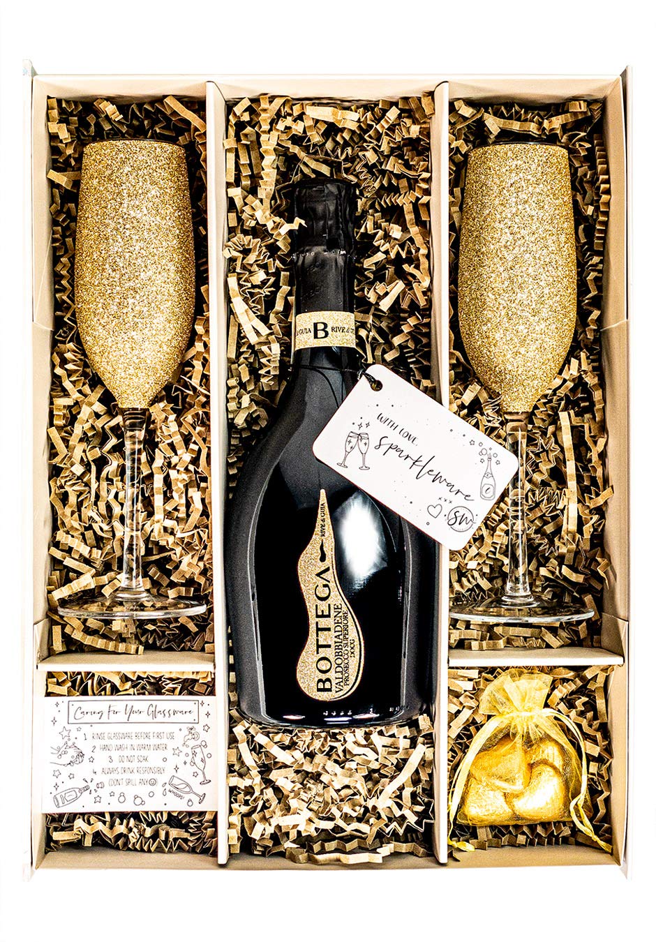 Bottega Rive Prosecco DOC 75cl Gift Set with 2 Gold Sparkled Champagne Flutes, Chocolates and Gift Box - Prosecco Gift Hamper For Women and Men (Gold Tops)