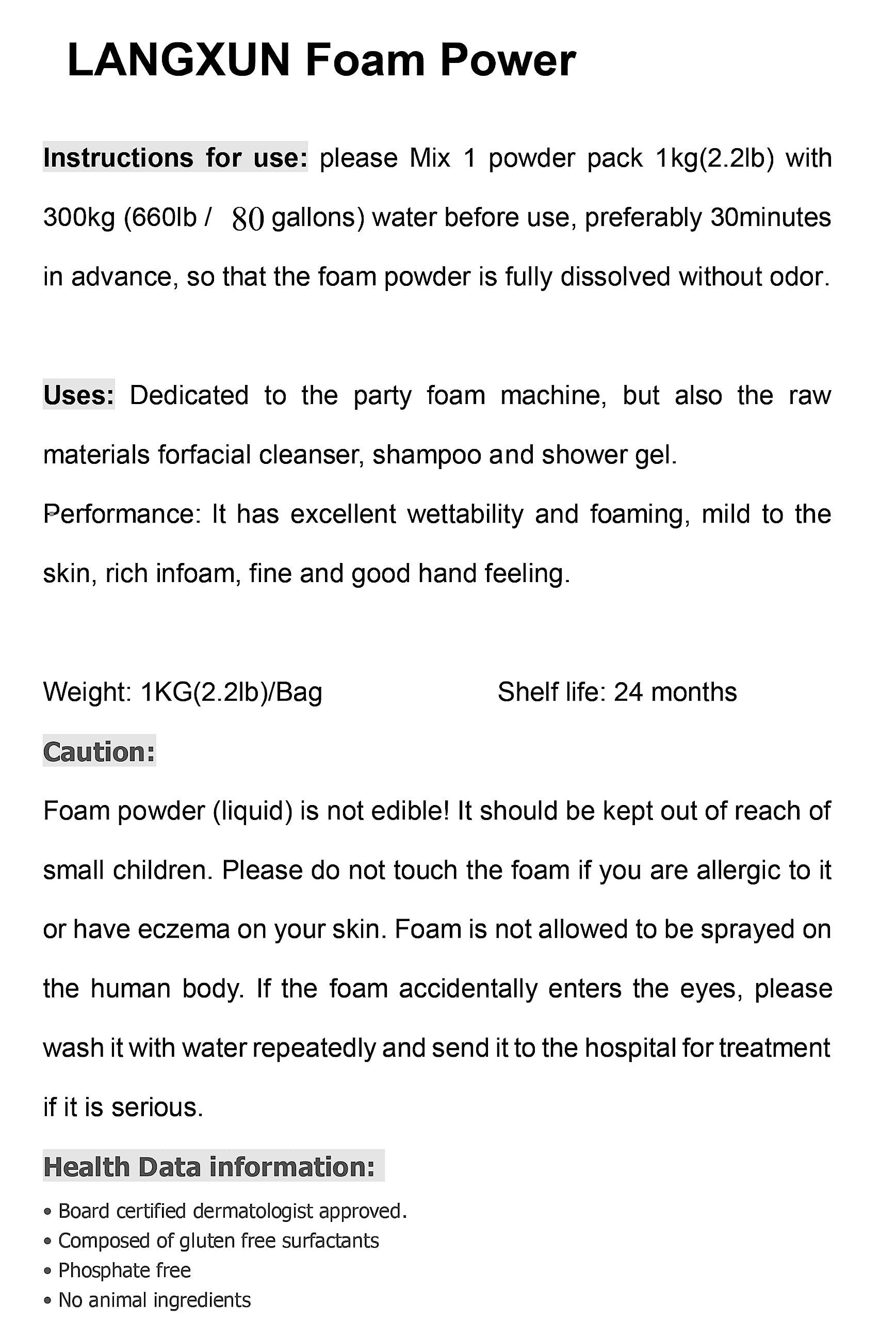 LANGXUN Foam Powder for Foam Machine, One 2.2 Pound Packet of Foam Powder, Can Make 80 Gallons of Foam Water (White Foam Powder)