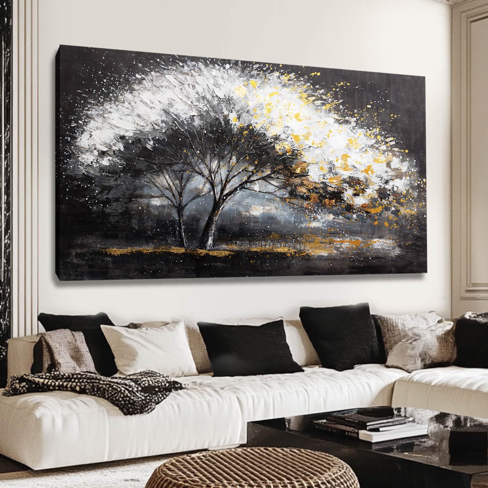 Photo 1 of NBAODAN Plants Canvas Wall Art Grey Pictures Wall Decor for Dining Room Large Tree Art Botanical Wall Decorations for Living Room 29"x 58" Neutral Prints