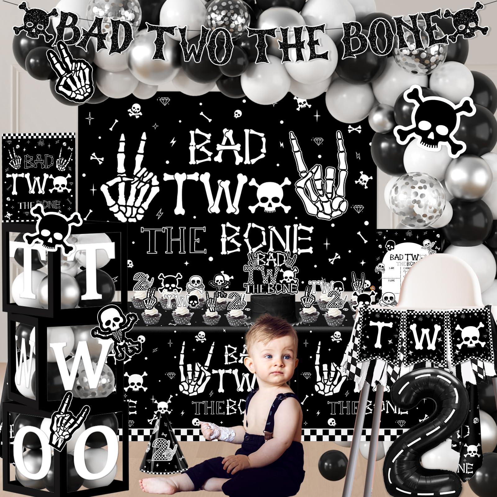 Condition photo showing New/Like New for 2nd birthday decorations for boys, bad two the bone party decorations with backdrop balloon box cake