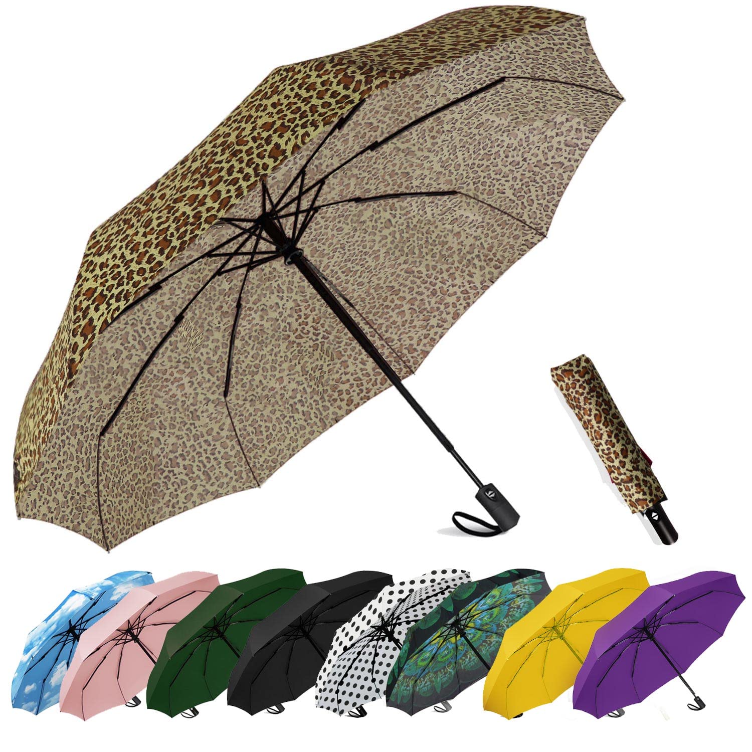Photo 1 of SIEPASA Windproof Travel Compact Umbrella-Automatic Umbrellas for Rain-Compact Folding Umbrella, Travel Umbrella Small Portable Windproof Umbrellas for Men Women Teenage. (New Leopard Print)