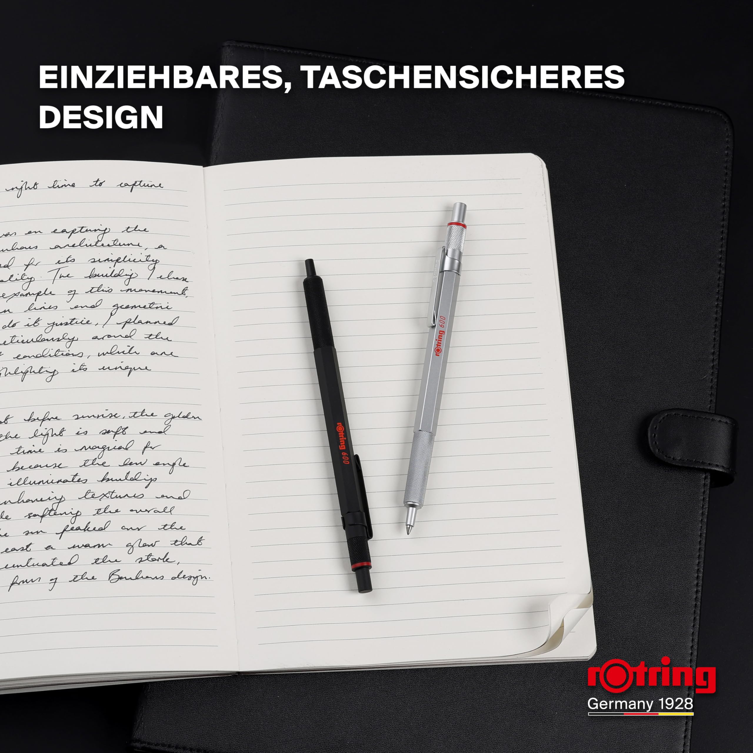 rOtring 600 Gelschreiber | 0,55 mm | Schwarze Tinte | Schwarzes Schreibgerät mit Metallschaft | Rutschfeste, gerändelte Griffzone und Sechskantschaft | Nachfüllbar 6