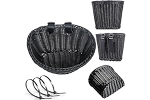 XUANNIAO Bicycle Basket, Front Handlebar Bike Basket, Rattan Storage Basket Waterproof, Vintage Wicker, with Black Leather Straps, Black,10 * 7.5 * 7 inches