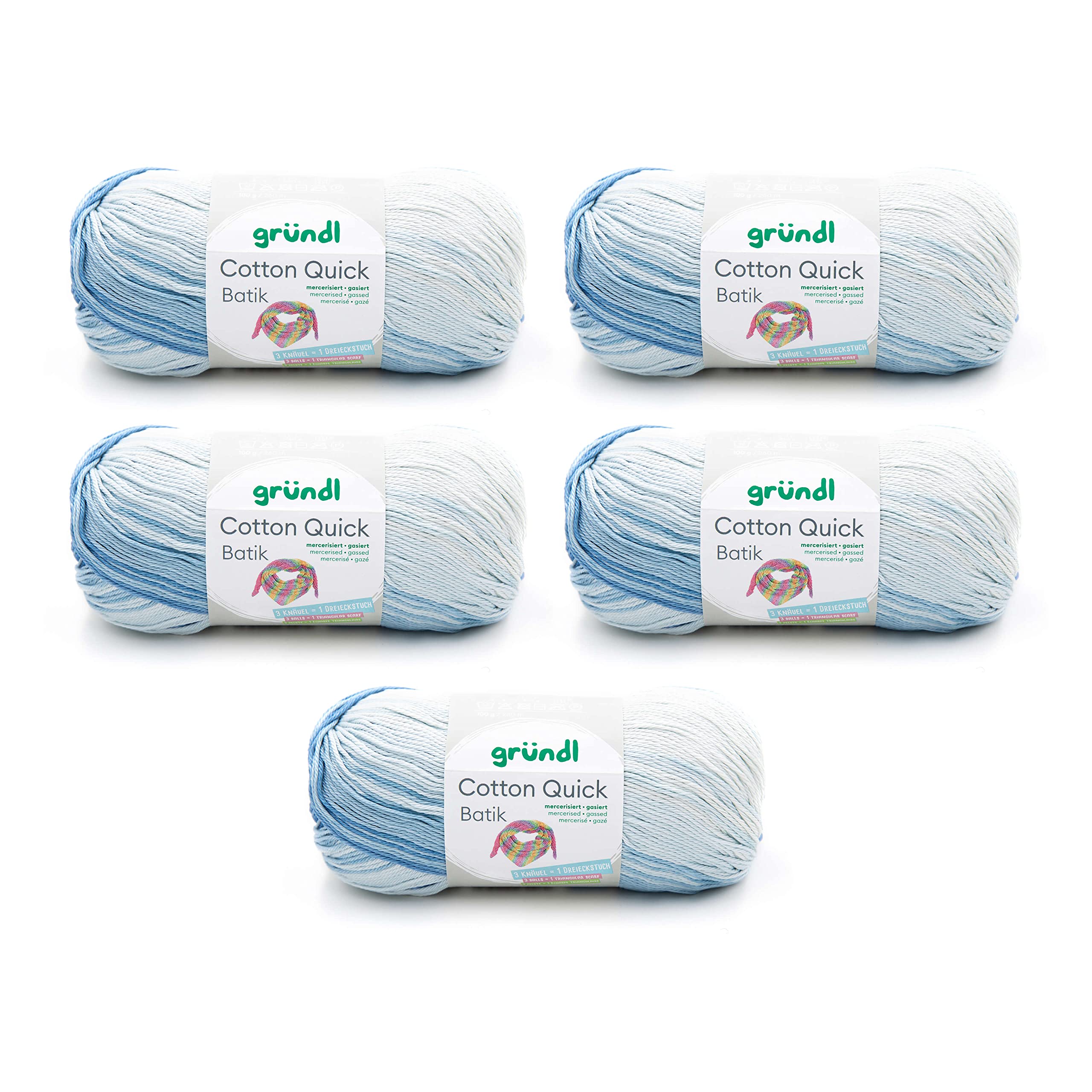 Gründl Wool Cotton Quick Batik, Thin Wool for Crocheting with Colour Gradient, Knitting Yarn, Shiny and Skin-Friendly, 100% Cotton, 5 Balls 100 g / 260 m, Needle Size 3-4, Light Blue/Blue
